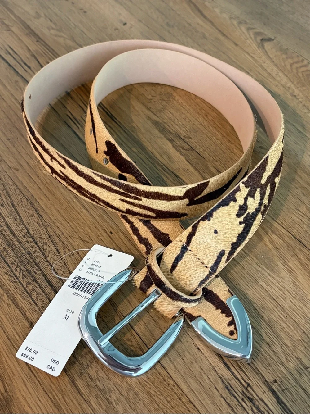 NWT Anthropologie Western Belt features calf hair stylized tiger stripe pattern